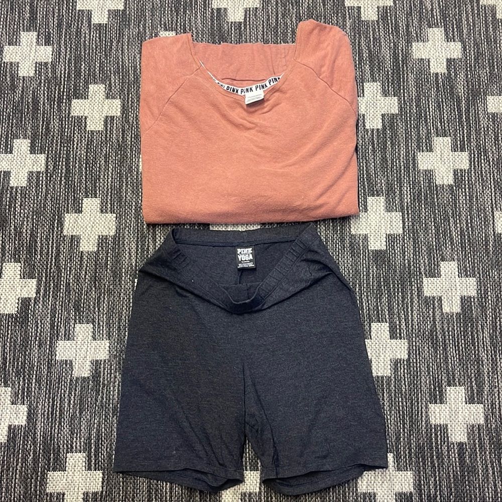 PINK Victoria's Secret Coral Top & Charcoal Yoga Shorts